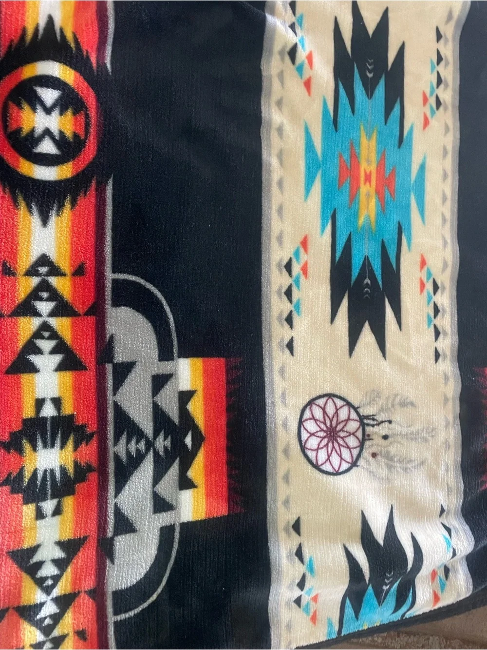 Southwestern Pattern Plush Throw Blanket in Black, Cream, Turquoise